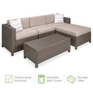 5-Piece Outdoor Wicker Patio Sectional Set w/ Storage, 2 Pillows, Cover
