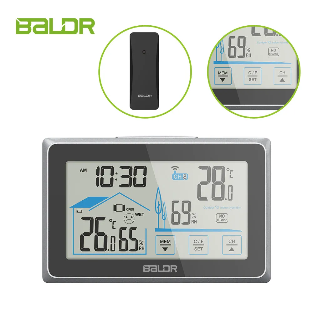 BALDR Wireless Weather Station, Digital Thermometer & Hygrometer (Indoor&Outdoor), Touch Screen,  Temperature Monitor, Humidity Gauge,  with Back-Light