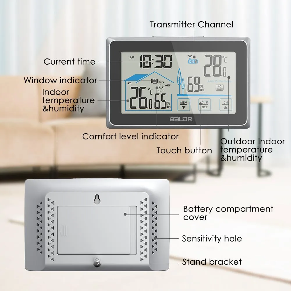 BALDR Wireless Weather Station, Digital Thermometer & Hygrometer (Indoor&Outdoor), Touch Screen,  Temperature Monitor, Humidity Gauge,  with Back-Light