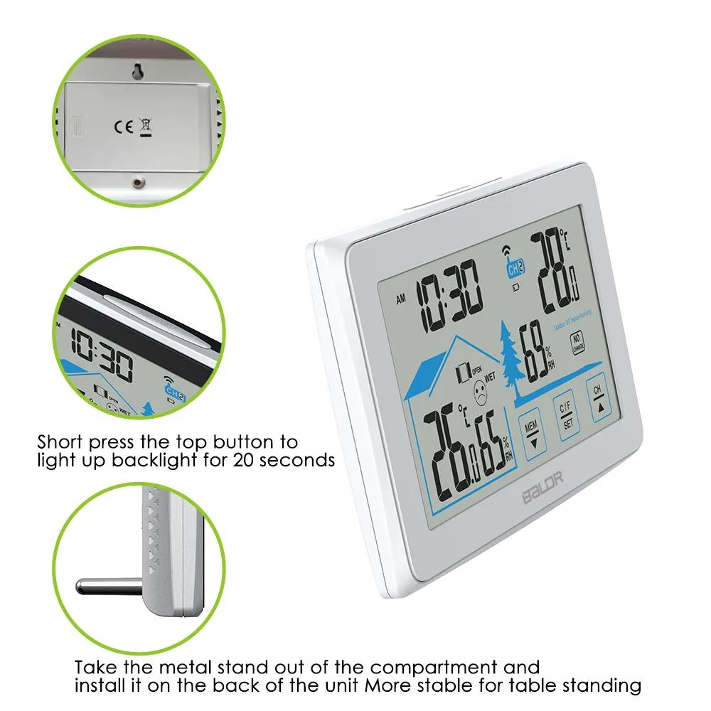 BALDR Wireless Weather Station, Digital Thermometer & Hygrometer (Indoor&Outdoor), Touch Screen,  Temperature Monitor, Humidity Gauge,  with Back-Light