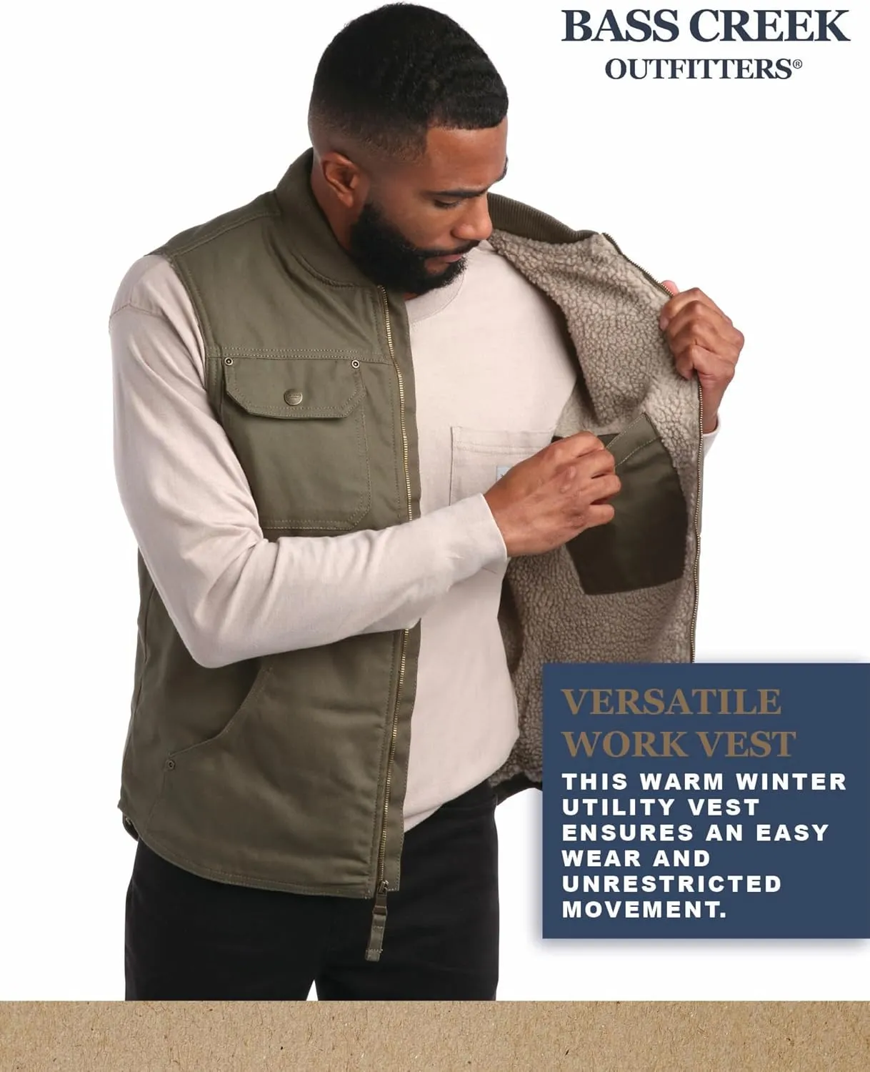 Bass Creek Outfitters Men's Duck Canvas Vest - 100% Cotton Heavyweight Sherpa Lined Workwear Vest for Men (Sizes: M-XXL)