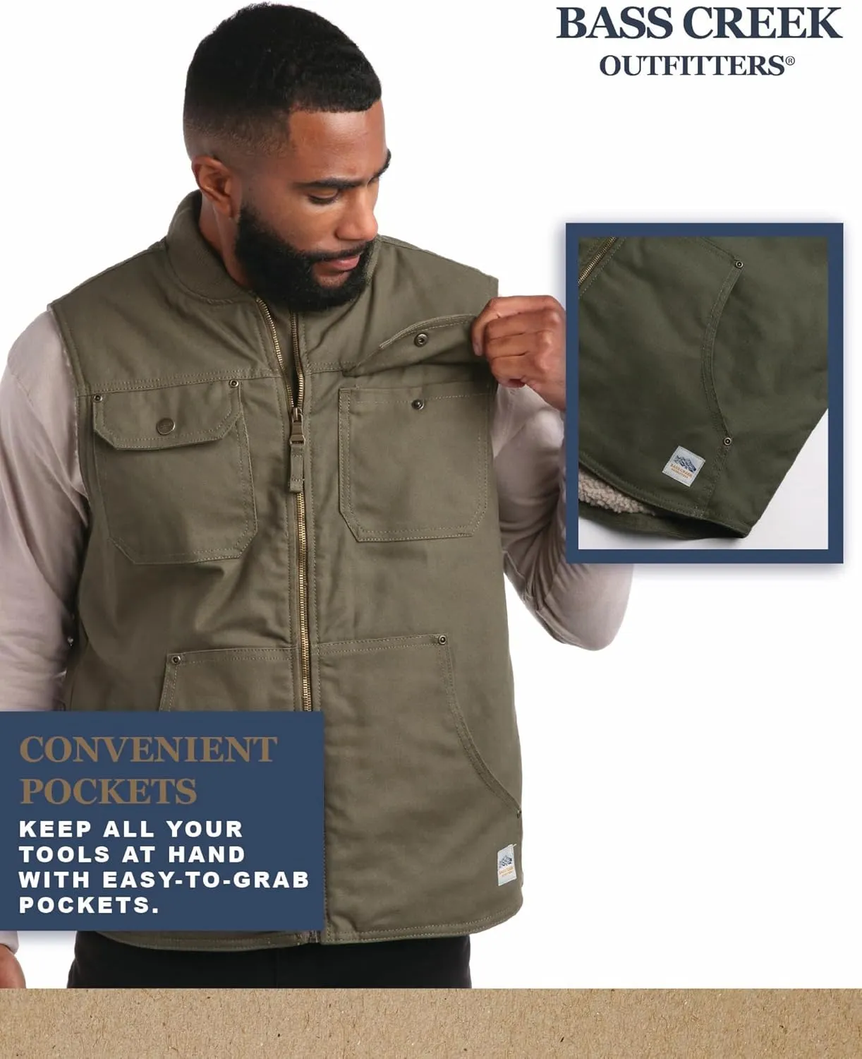 Bass Creek Outfitters Men's Duck Canvas Vest - 100% Cotton Heavyweight Sherpa Lined Workwear Vest for Men (Sizes: M-XXL)