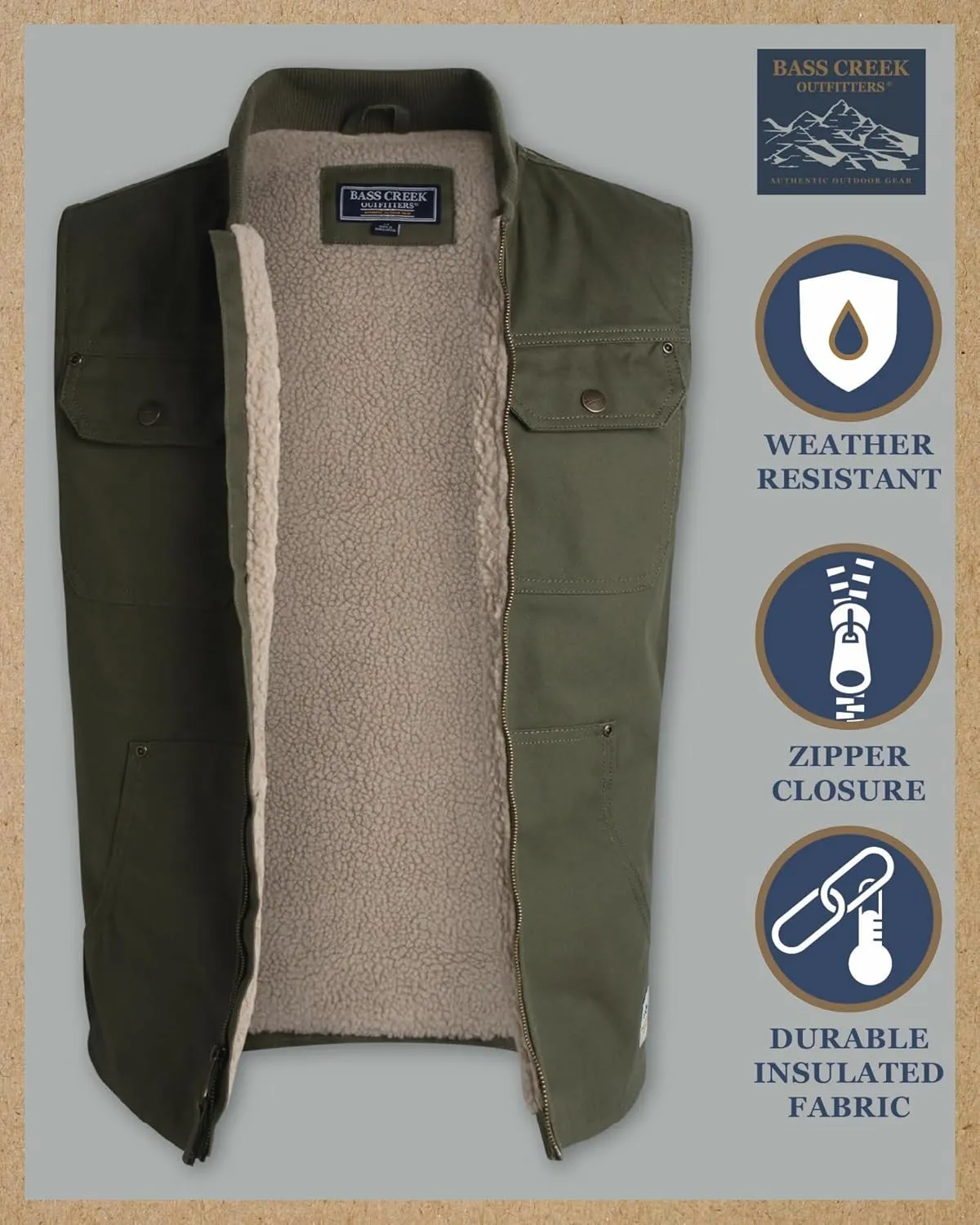 Bass Creek Outfitters Men's Duck Canvas Vest - 100% Cotton Heavyweight Sherpa Lined Workwear Vest for Men (Sizes: M-XXL)