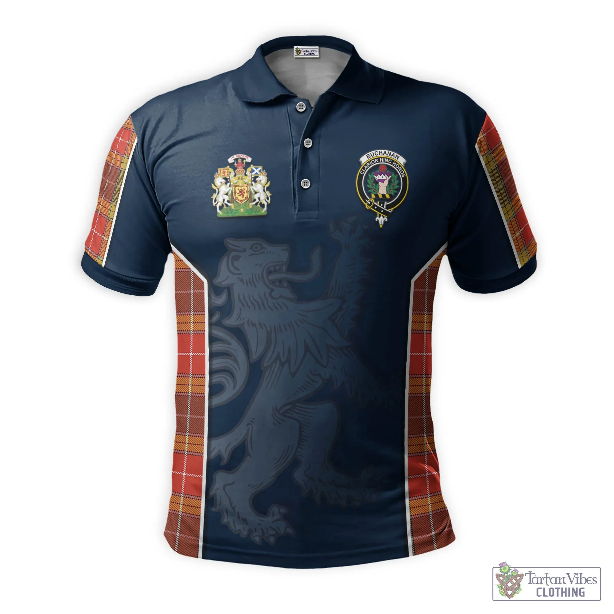Buchanan Old Set Weathered Tartan Men's Polo Shirt with Family Crest and Lion Rampant Vibes Sport Style