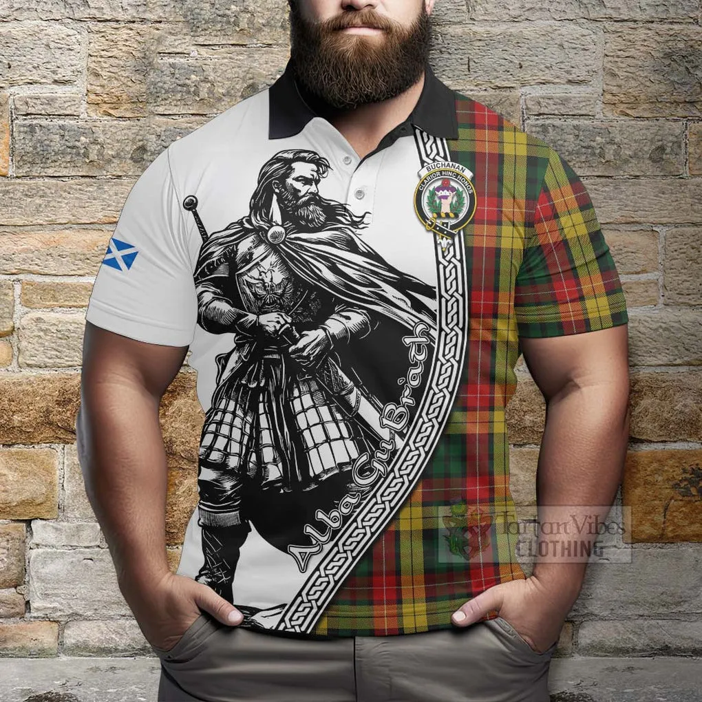 Buchanan Tartan Clan Crest Polo Shirt with Highlander Warrior Celtic Style