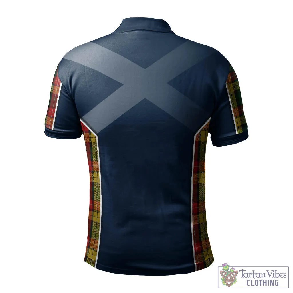 Buchanan Tartan Men's Polo Shirt with Family Crest and Lion Rampant Vibes Sport Style