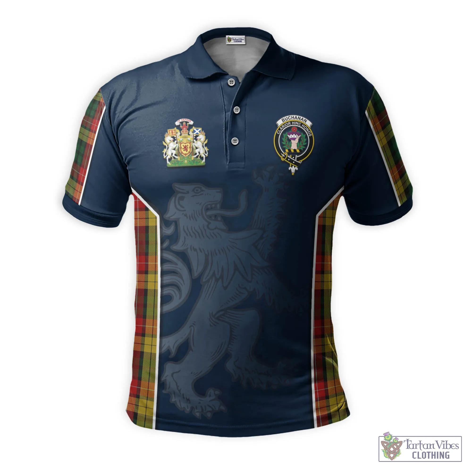 Buchanan Tartan Men's Polo Shirt with Family Crest and Lion Rampant Vibes Sport Style