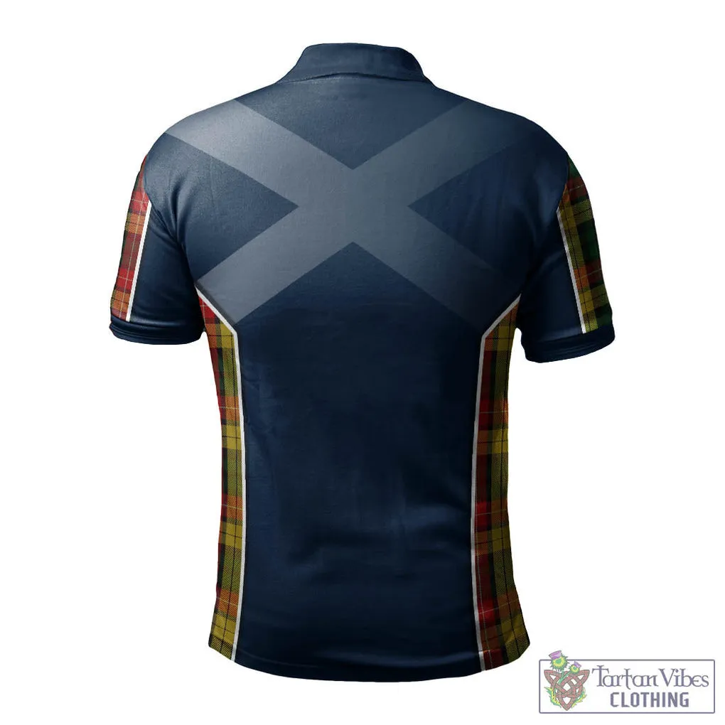 Buchanan Tartan Men's Polo Shirt with Family Crest and Scottish Thistle Vibes Sport Style