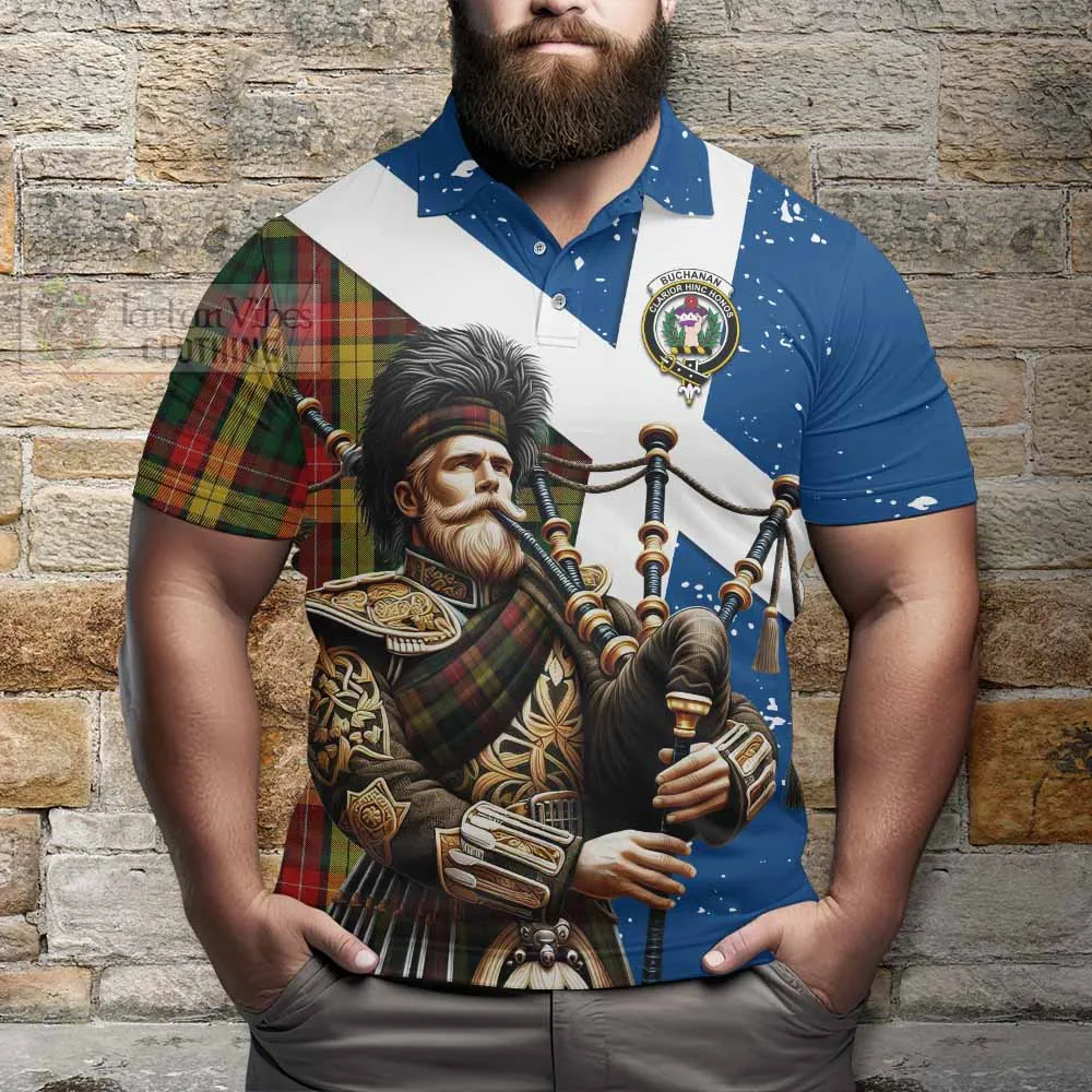 Buchanan Tartan Polo Shirt with Family Crest Scottish Bagpiper Vibes