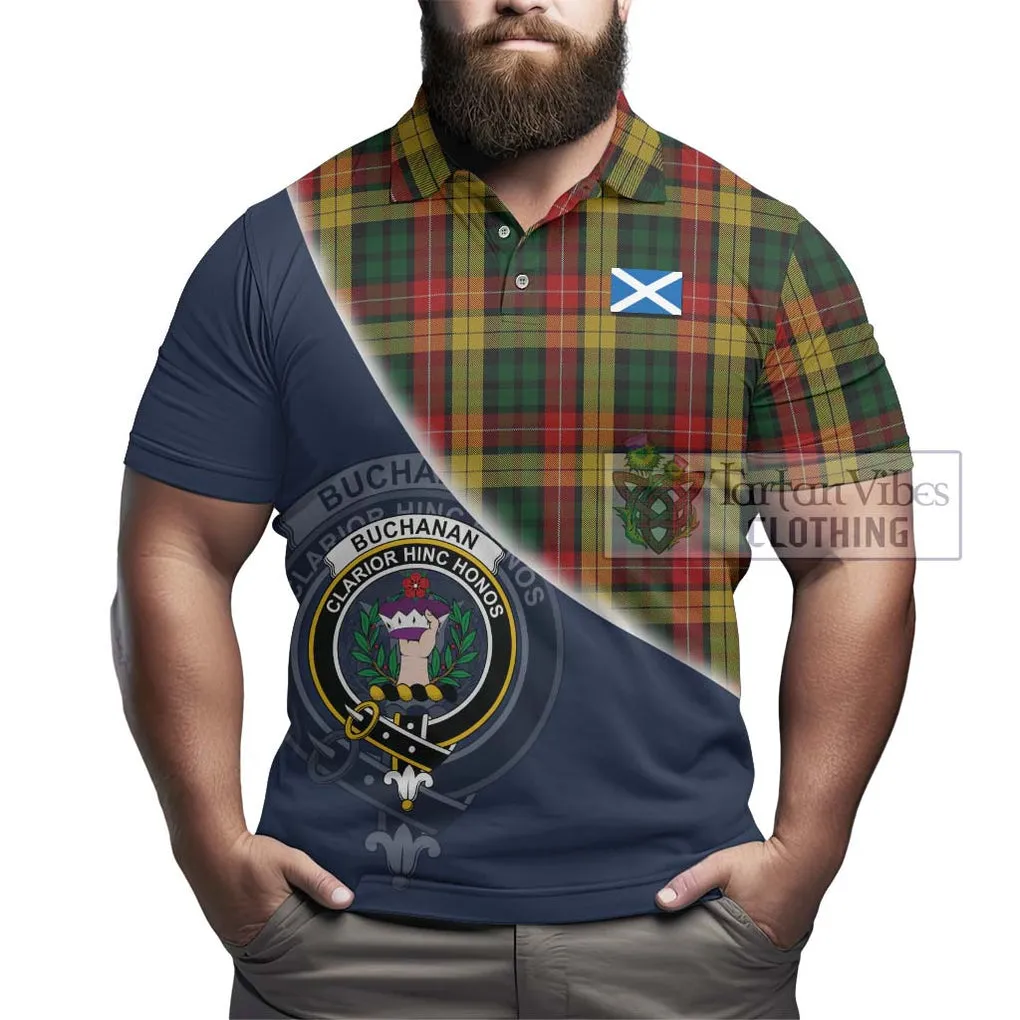 Buchanan Tartan Polo Shirt with Personalised National Flag and Family Crest Half Style