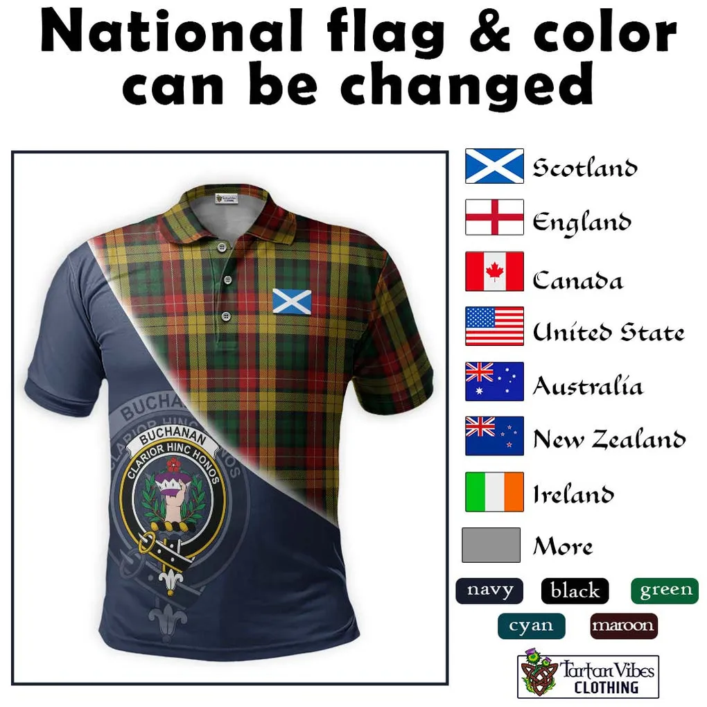 Buchanan Tartan Polo Shirt with Personalised National Flag and Family Crest Half Style