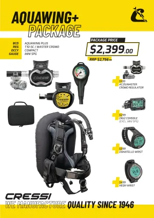 Cressi Aquawing Plus BCD   T10-SC/ Master Cromo Regulator   Compact Octopus   Mini Spg Set - Aquawing  Package