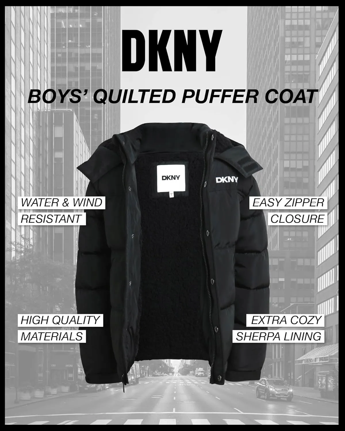 DKNY Boys' Puffer Jacket - Heavyweight Sherpa Fur Lined Hooded Winter Coat - Water Resistant Bubble Jackets for Boys (8-20)