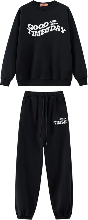 Good and Times Day Set Women Sweatshirt Jogger Pants Sweatsuit Trendy Graphic Print Soft Relaxed Fit Casual Outings