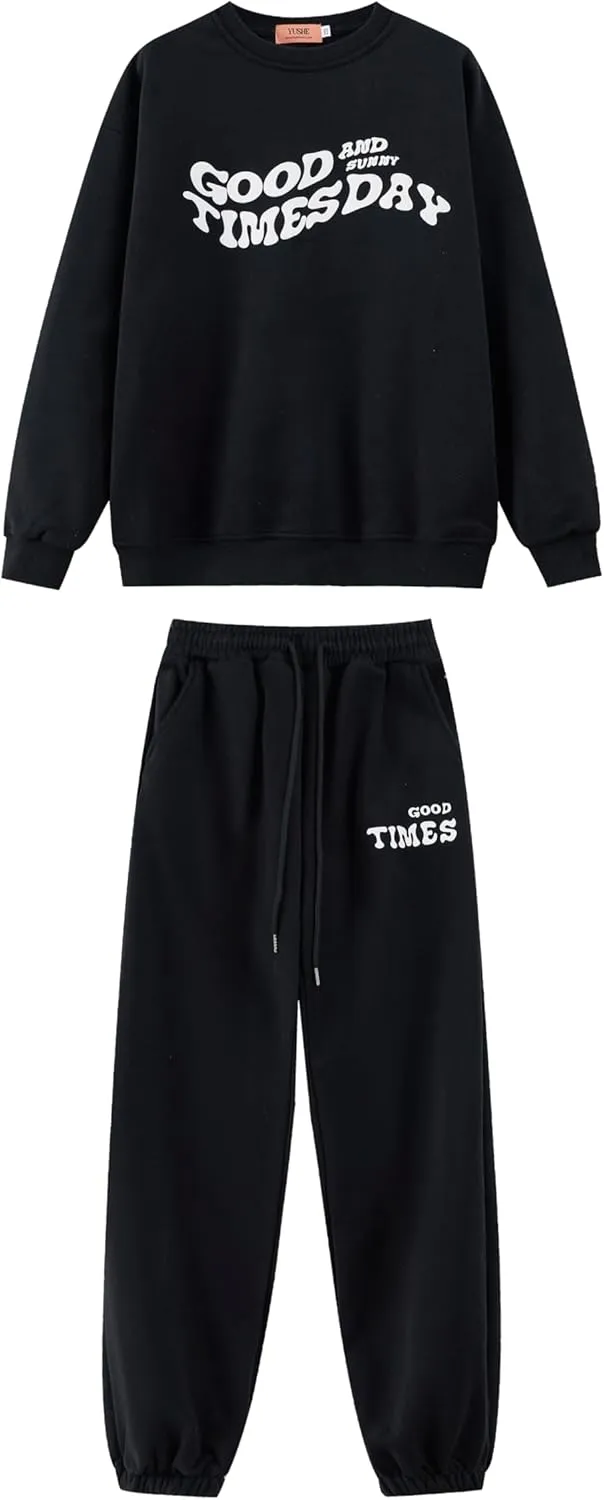 Good and Times Day Set Women Sweatshirt Jogger Pants Sweatsuit Trendy Graphic Print Soft Relaxed Fit Casual Outings