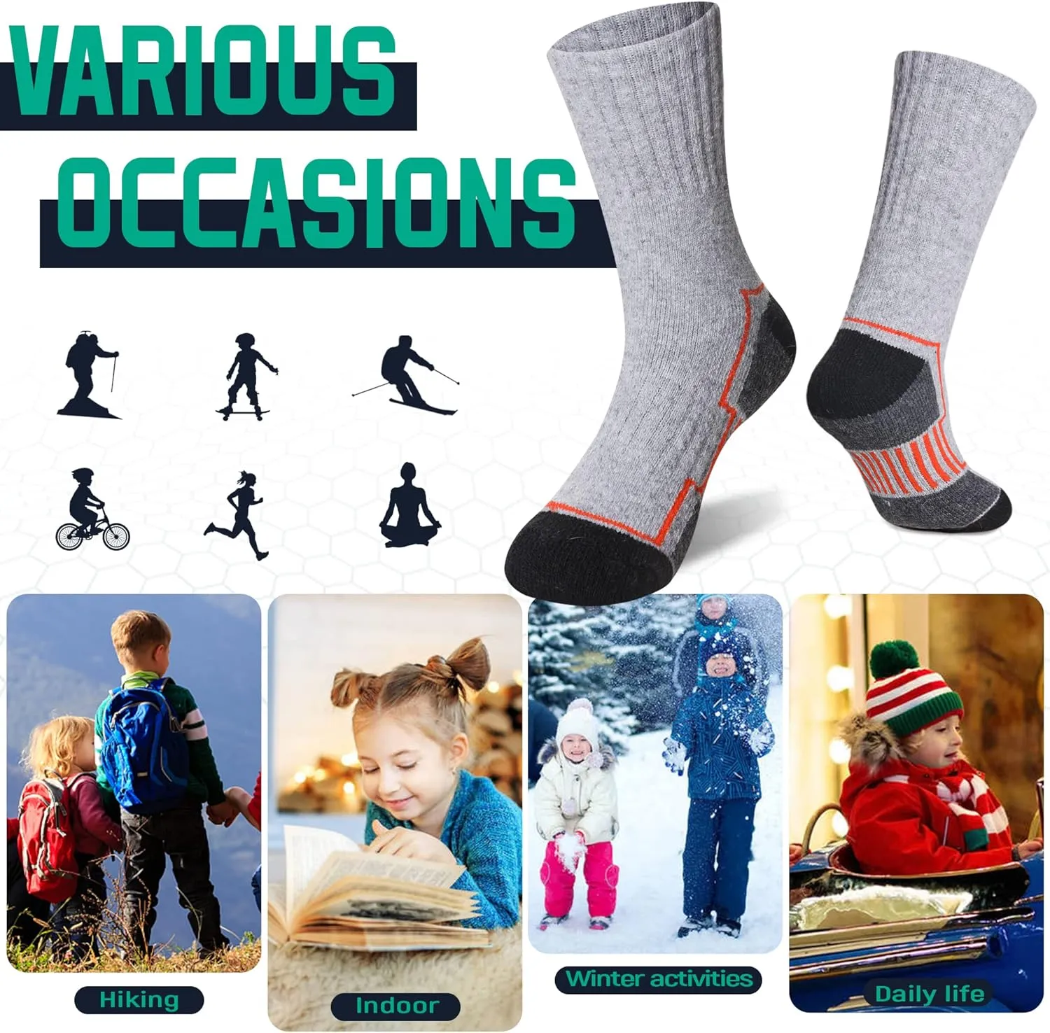 Kids Hiking Walking Socks Boys Girls Toddlers Merino Wool Warm Wicking Cushion Winter Crew Boot Socks