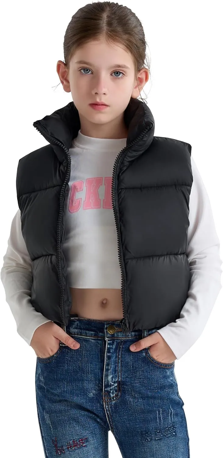 maoo garden Girls Winter Puffer Vest Faux-Down Short Cropped Lightweight Water-Resistant Big Girls Sleeveless Jacket
