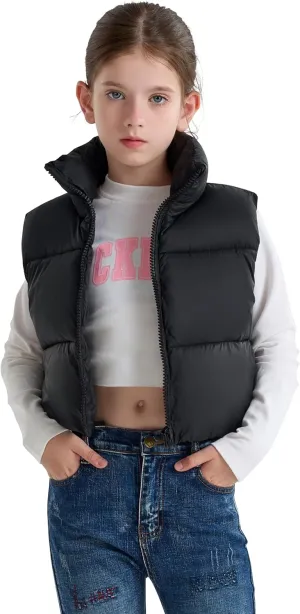maoo garden Girls Winter Puffer Vest Faux-Down Short Cropped Lightweight Water-Resistant Big Girls Sleeveless Jacket