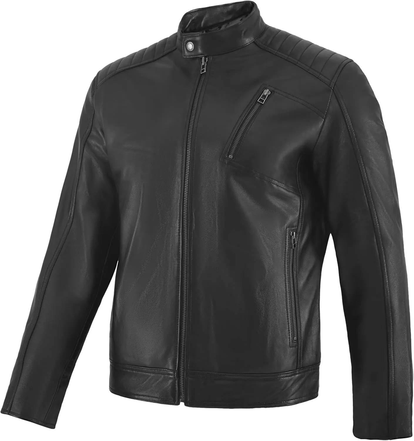 Men's Genuine Lambskin Leather Motorcycle Jacket  Vintage Cafe Racer Style Slim Fit Biker Coat
