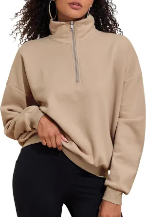 PrettyGuide Women's Lightweight Quarter Zip Oversized Sweatshirts Long Sleeve Fleece Pullover