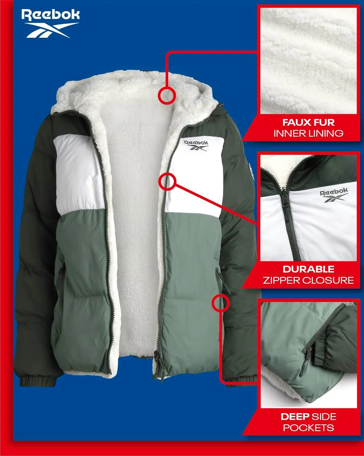 Reebok Women's Winter Jacket - Reversible Quilted Puffer Coat with Sherpa Fleece Lining - Reversible Jacket for Women (S-XL)