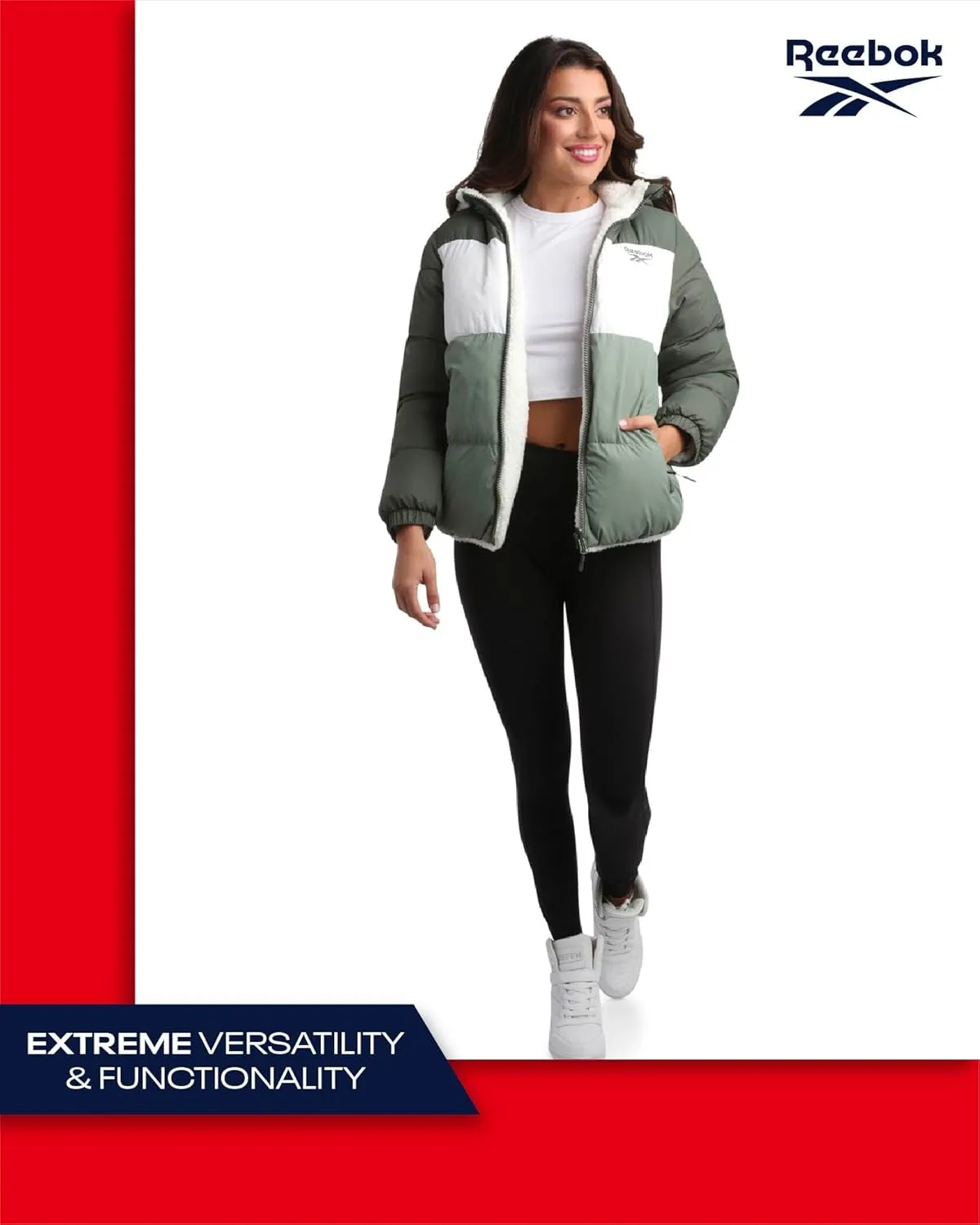 Reebok Women's Winter Jacket - Reversible Quilted Puffer Coat with Sherpa Fleece Lining - Reversible Jacket for Women (S-XL)