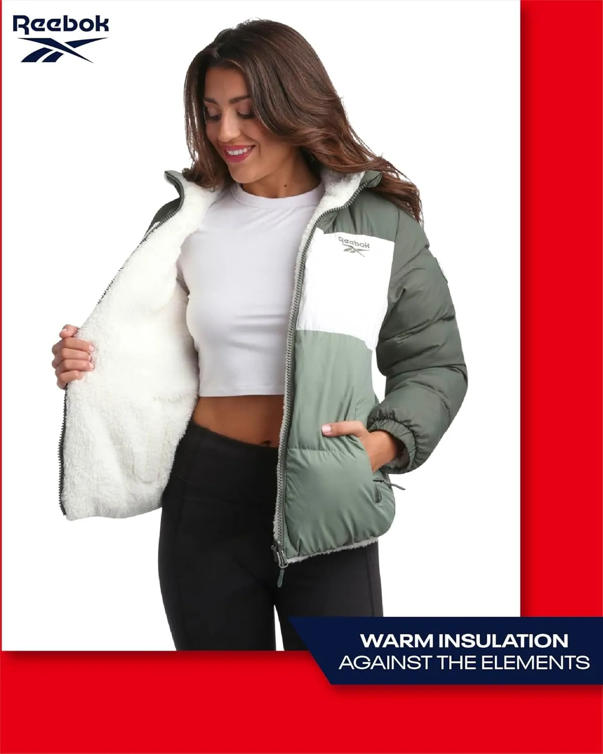 Reebok Women's Winter Jacket - Reversible Quilted Puffer Coat with Sherpa Fleece Lining - Reversible Jacket for Women (S-XL)