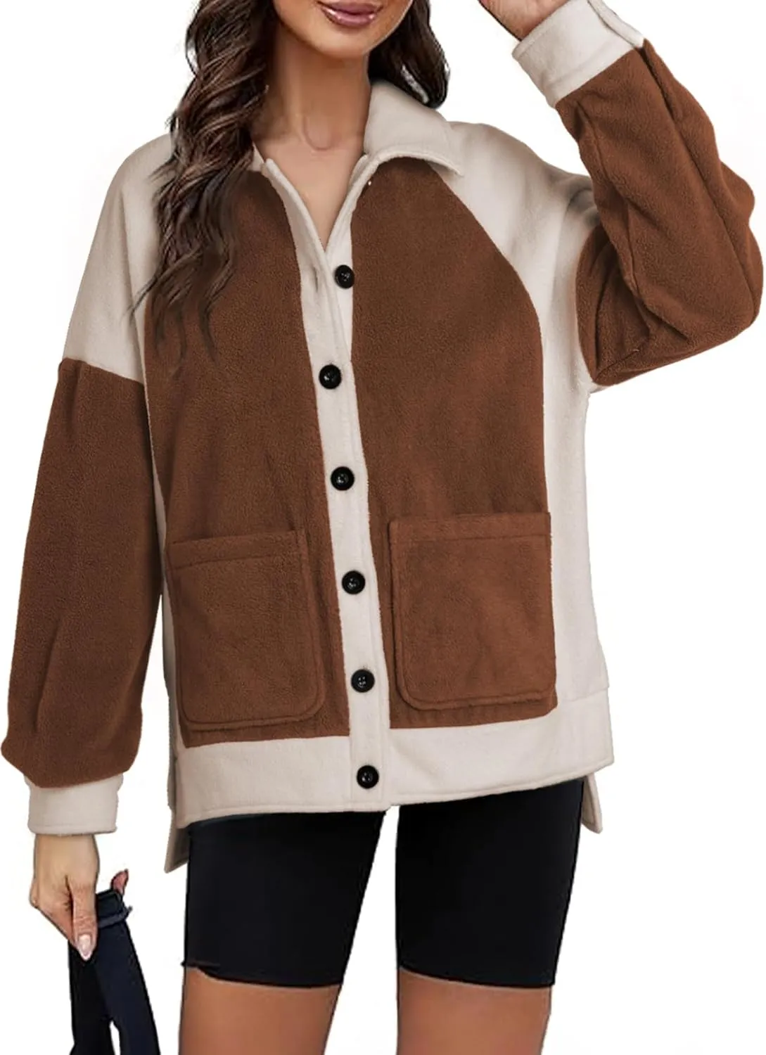 SHEWIN Womens Winter Fuzzy Fleece Jacket Casual Long Sleeve Button Down Sherpa Shacket Coats