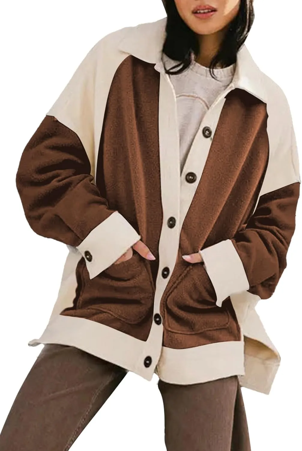 SHEWIN Womens Winter Fuzzy Fleece Jacket Casual Long Sleeve Button Down Sherpa Shacket Coats