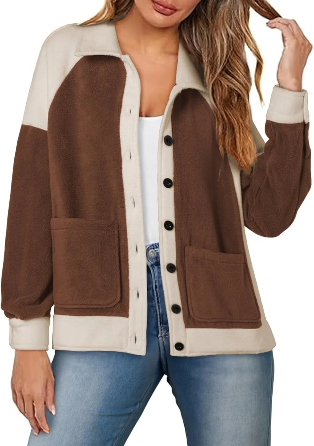 SHEWIN Womens Winter Fuzzy Fleece Jacket Casual Long Sleeve Button Down Sherpa Shacket Coats