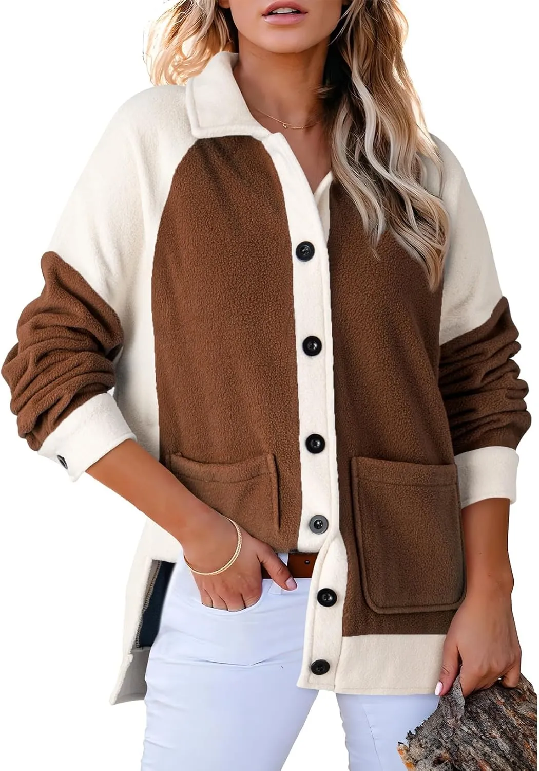 SHEWIN Womens Winter Fuzzy Fleece Jacket Casual Long Sleeve Button Down Sherpa Shacket Coats