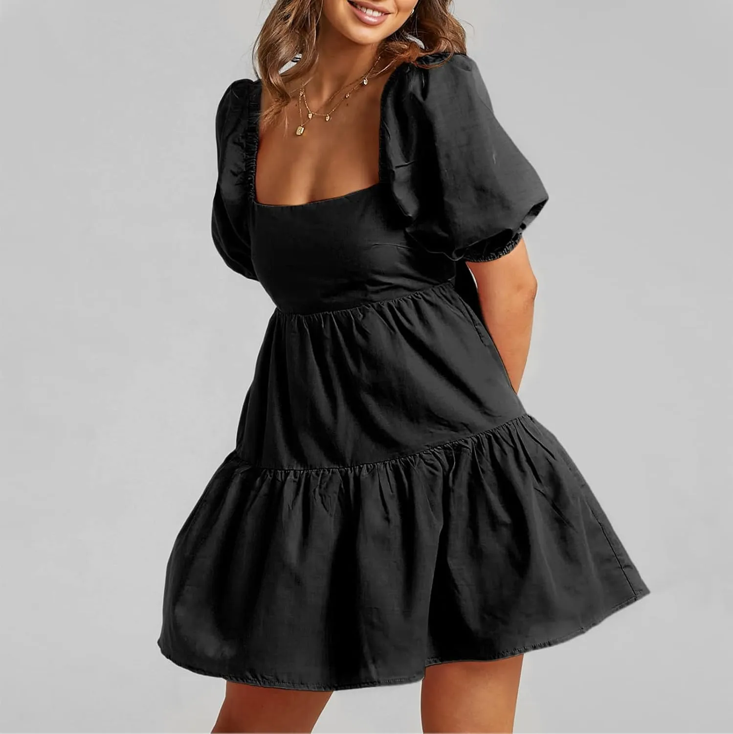 Shy Velvet Women's Casual Party Mini Summer Dresses Square Neck Short Bubble Sleeve Babydoll Dress