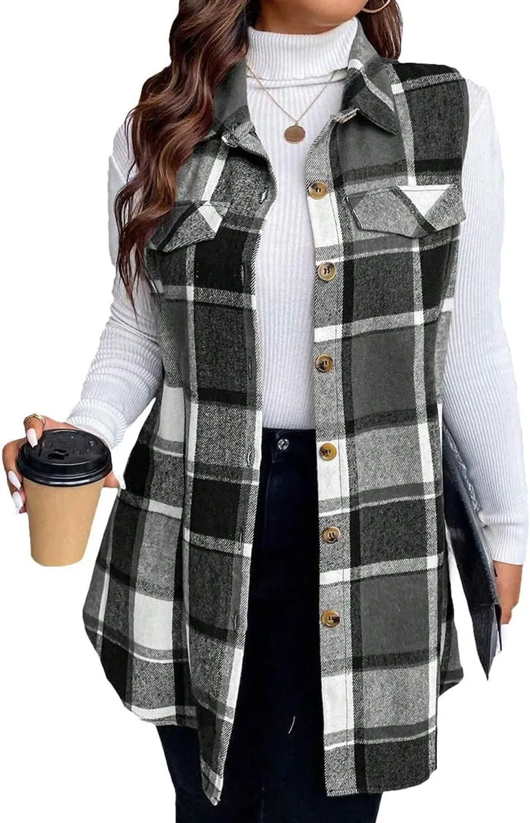 Sleeveless Flannel Vest for Women-Warm Plaid Vest,Button Front Fall Winter Waistcoat,Casual with Pockets(S-XXL