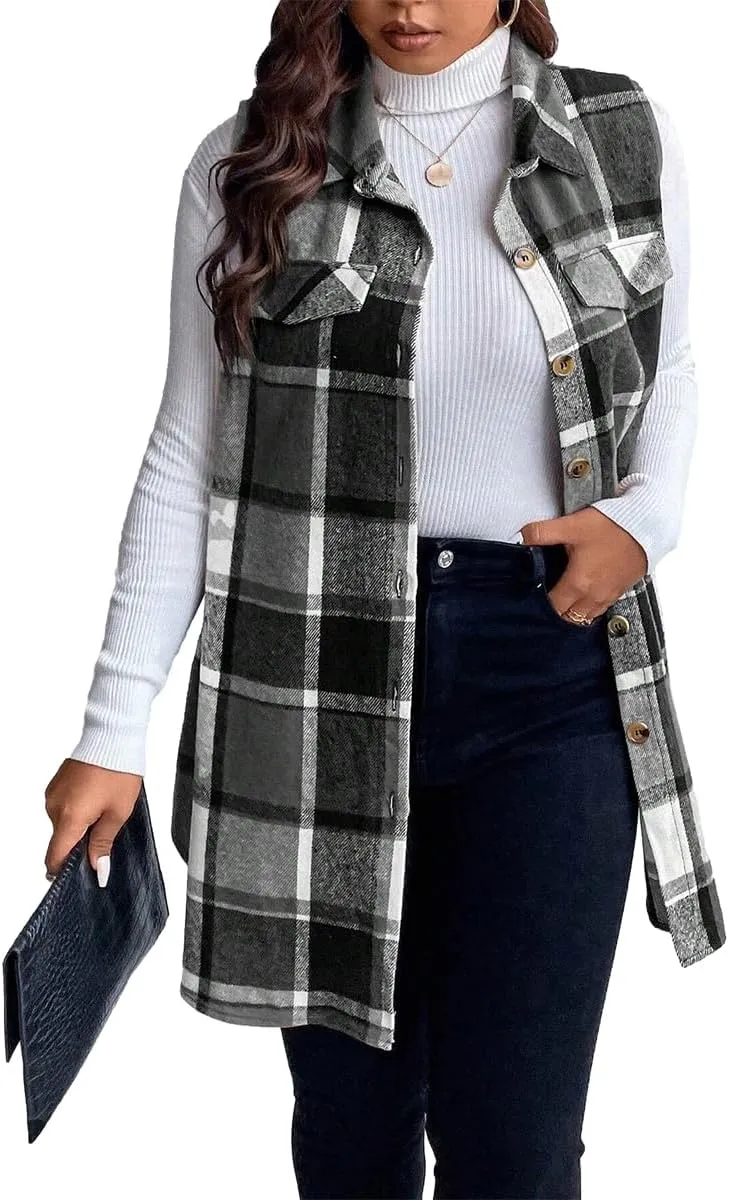 Sleeveless Flannel Vest for Women-Warm Plaid Vest,Button Front Fall Winter Waistcoat,Casual with Pockets(S-XXL