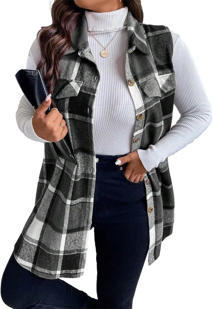 Sleeveless Flannel Vest for Women-Warm Plaid Vest,Button Front Fall Winter Waistcoat,Casual with Pockets(S-XXL