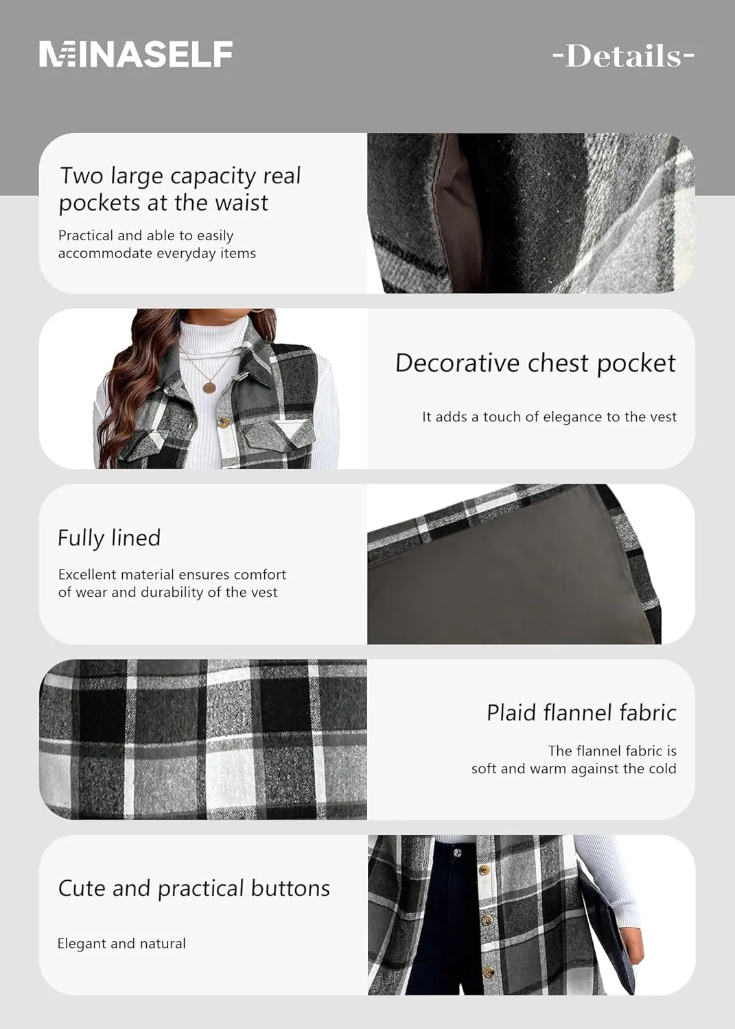 Sleeveless Flannel Vest for Women-Warm Plaid Vest,Button Front Fall Winter Waistcoat,Casual with Pockets(S-XXL