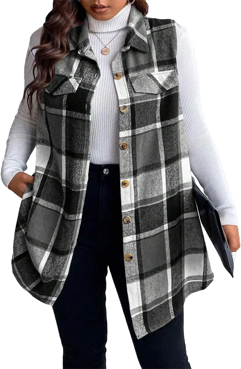Sleeveless Flannel Vest for Women-Warm Plaid Vest,Button Front Fall Winter Waistcoat,Casual with Pockets(S-XXL