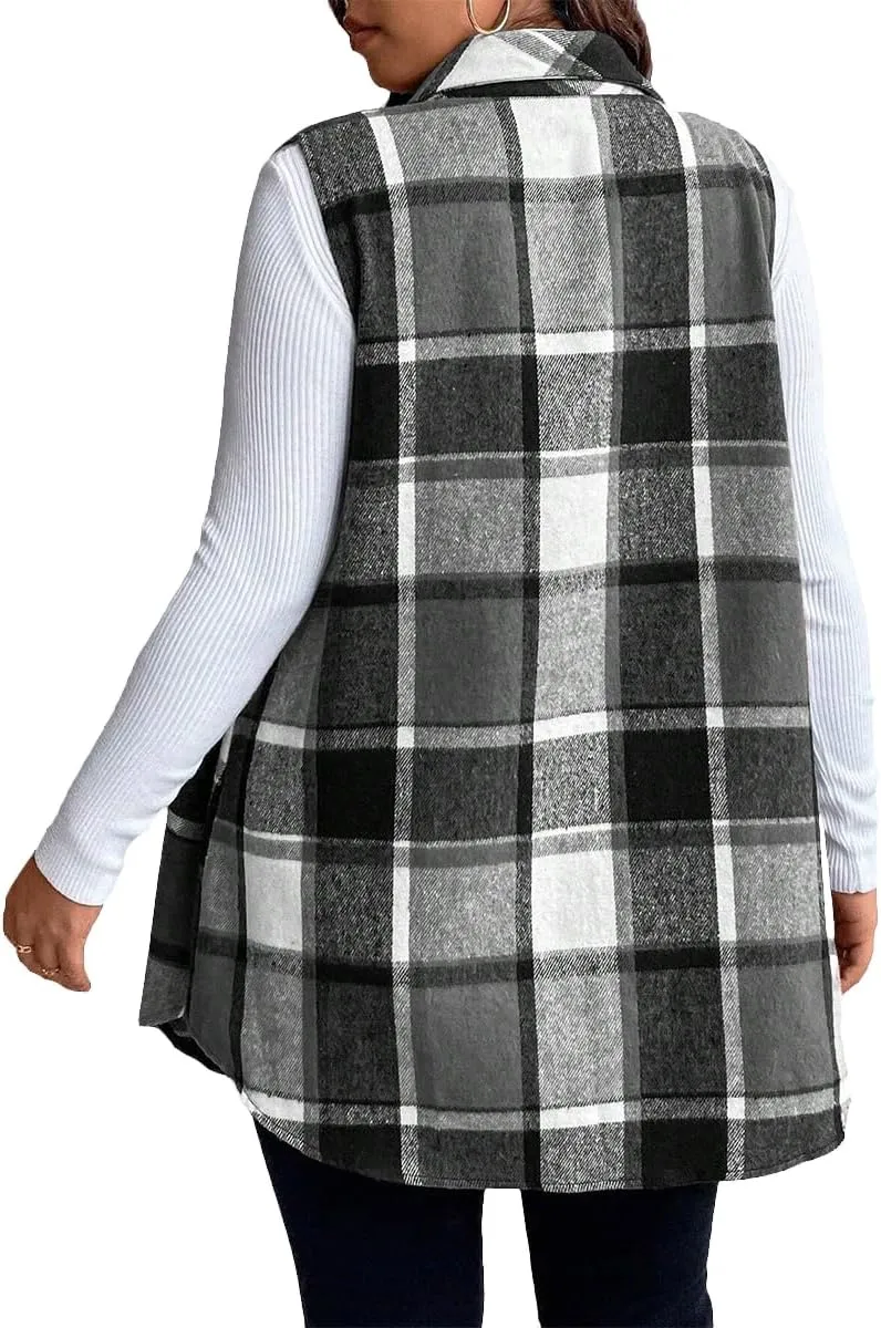 Sleeveless Flannel Vest for Women-Warm Plaid Vest,Button Front Fall Winter Waistcoat,Casual with Pockets(S-XXL