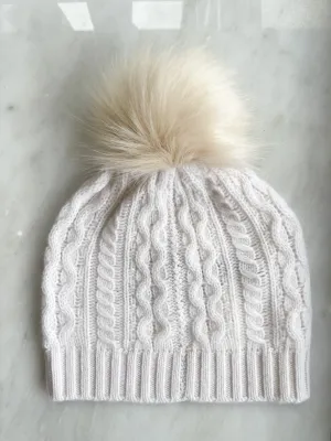 White   Warren - Cashmere Cable Pom Hat in Soft White/Natural