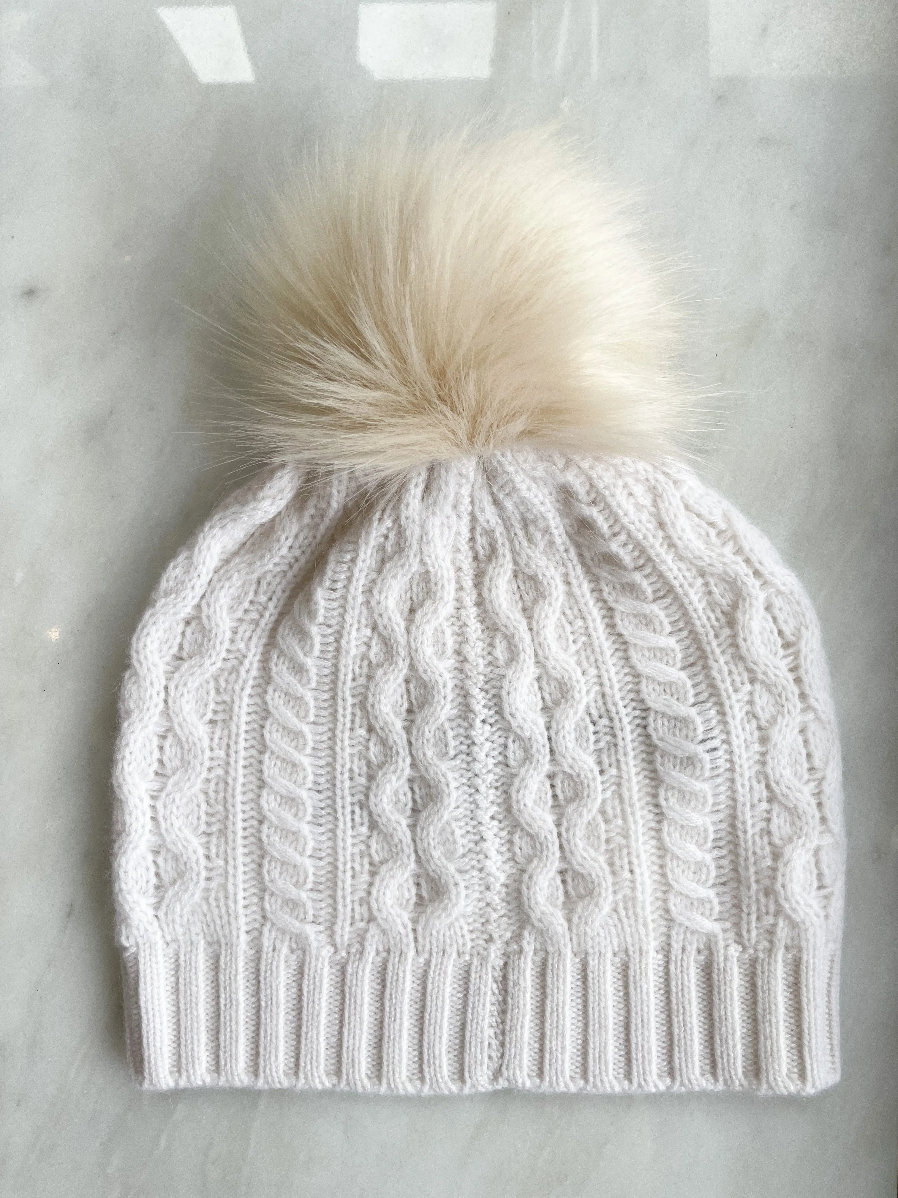 White   Warren - Cashmere Cable Pom Hat in Soft White/Natural
