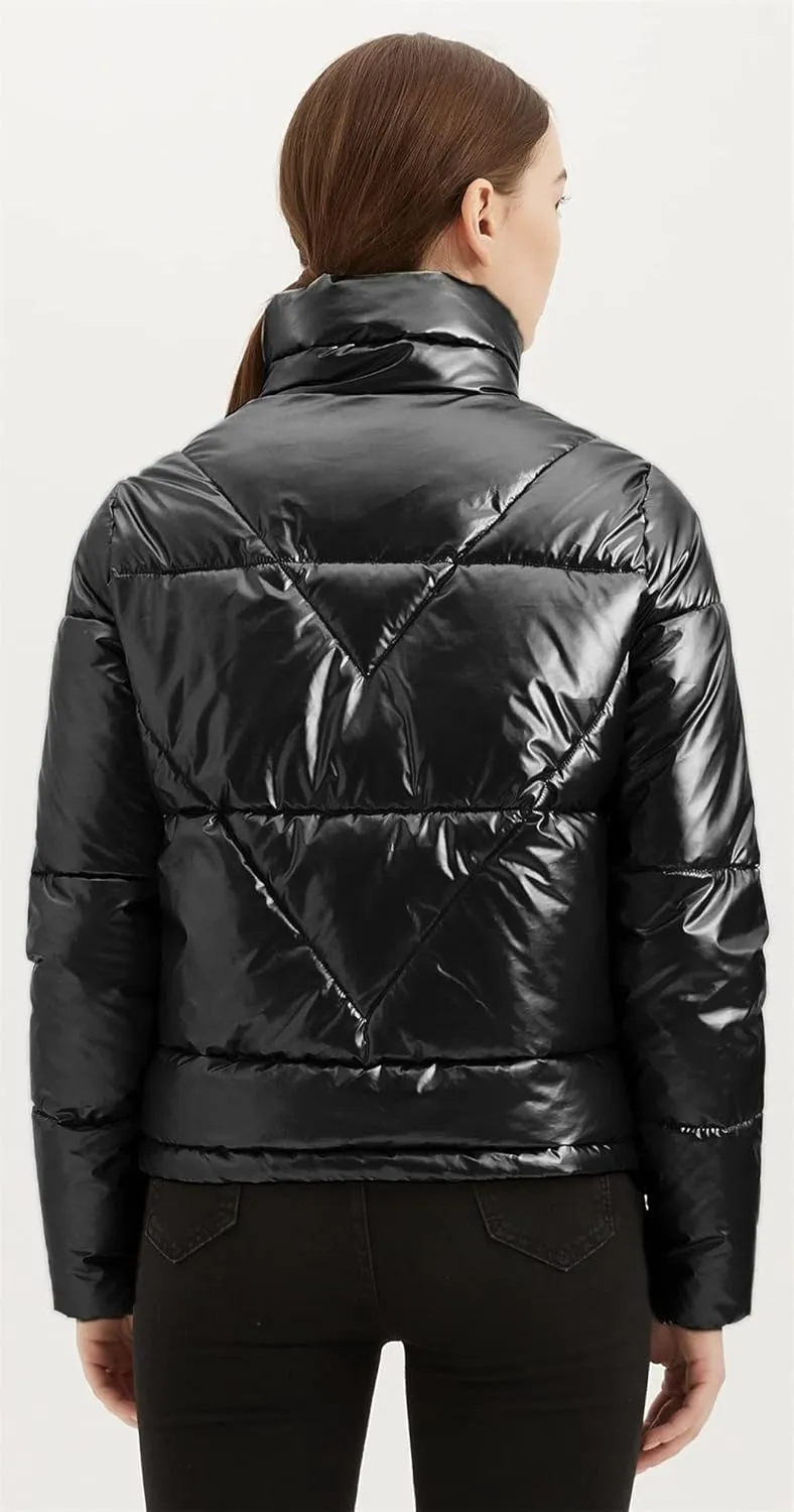 Women's Quilted Metallic Shiny Puffer Jacket Winter Warm Full Zipper Stand Collar Padded Short Coat