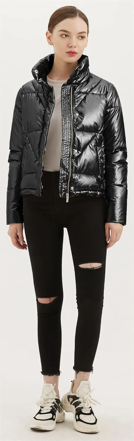 Women's Quilted Metallic Shiny Puffer Jacket Winter Warm Full Zipper Stand Collar Padded Short Coat