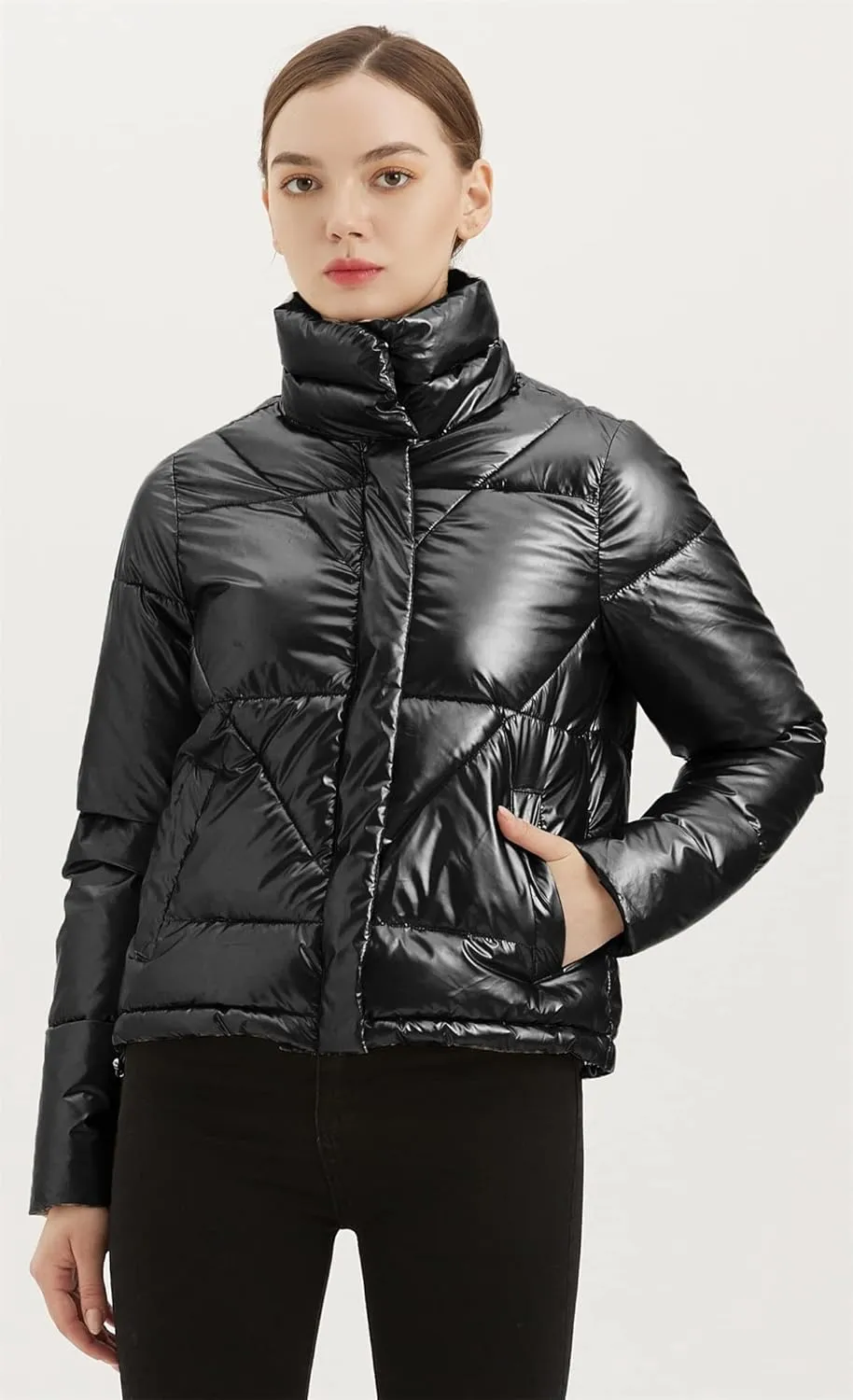 Women's Quilted Metallic Shiny Puffer Jacket Winter Warm Full Zipper Stand Collar Padded Short Coat