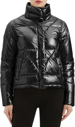 Women's Quilted Metallic Shiny Puffer Jacket Winter Warm Full Zipper Stand Collar Padded Short Coat