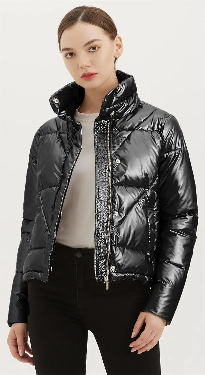 Women's Quilted Metallic Shiny Puffer Jacket Winter Warm Full Zipper Stand Collar Padded Short Coat